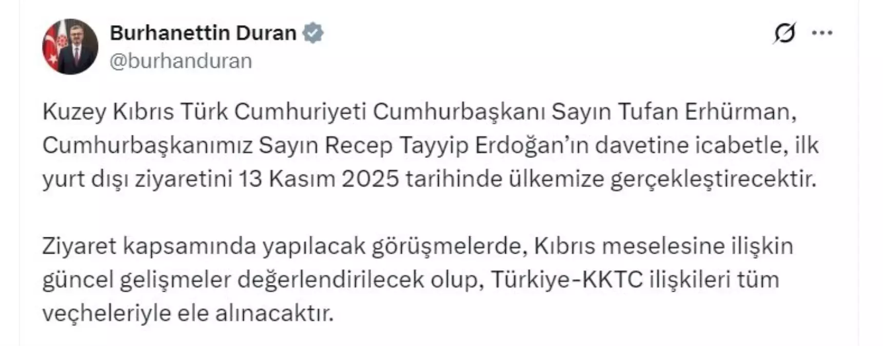 KKTC Cumhurbaşkanı Erhürman, 13 Kasım’da Türkiye’yi ziyaret edecek